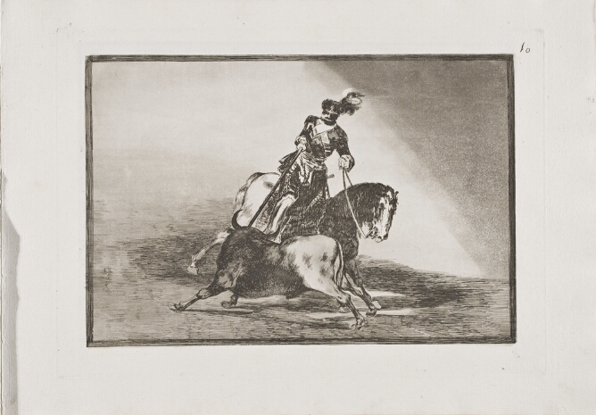 A black and white print of a man on horseback spearing a bull