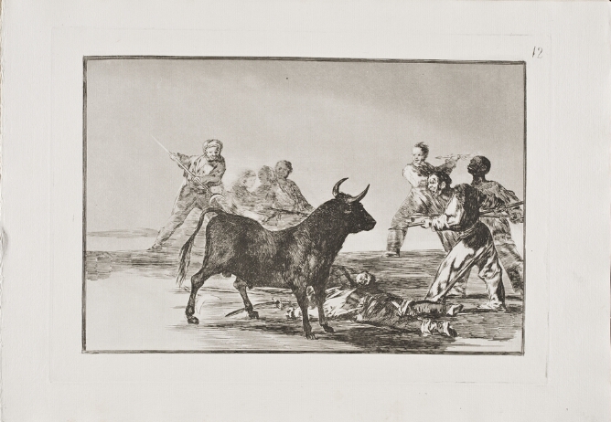 A black and white print of figures with spears standing around a bull, with lifeless bodies on the ground