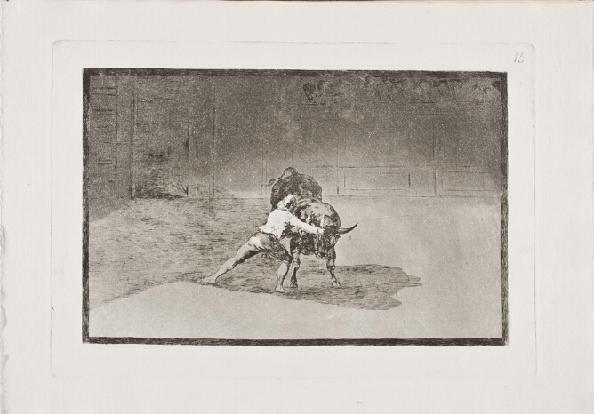 A black and white print of a standing man holding two decorated darts in front of a bull in an arena