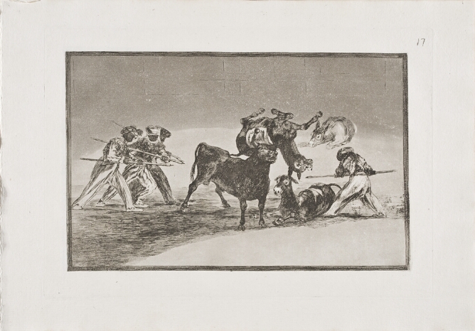 A black and white print of an upside-down donkey caught on a standing bull's horns, while men aim spears at the bull, and two other donkeys lie on the ground