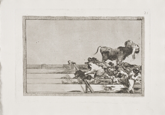 A black and white print of a standing bull goring a figure amidst a heap of bodies lying on steps around it
