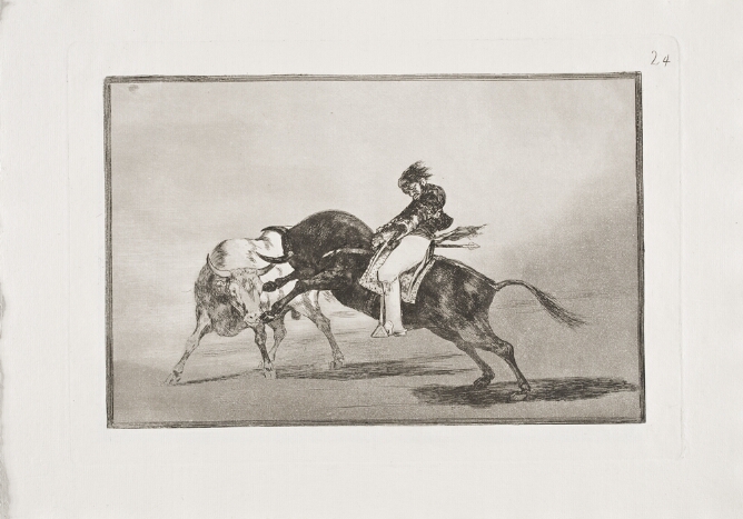 A black and white print of a man riding a bull into another bull