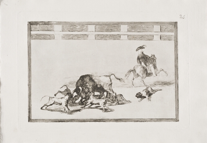 A black and white print of a standing bull surrounded by dogs, while a figure on horseback rides away