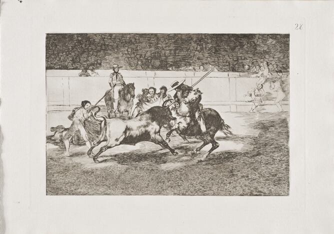 A black and white print of a man on horseback spearing a bull between the horns, in an arena, with a faint crowd in the background