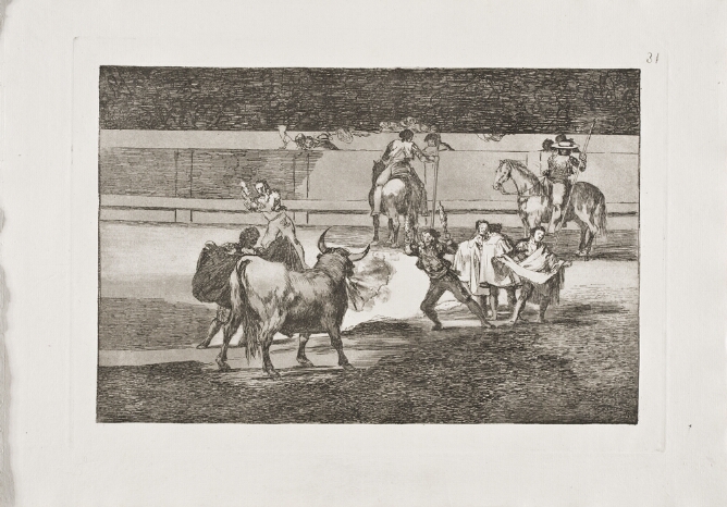 A black and white print of figures holding firecrackers, facing a bull in an arena, with other figures and figures on horseback, and a crowd in the background