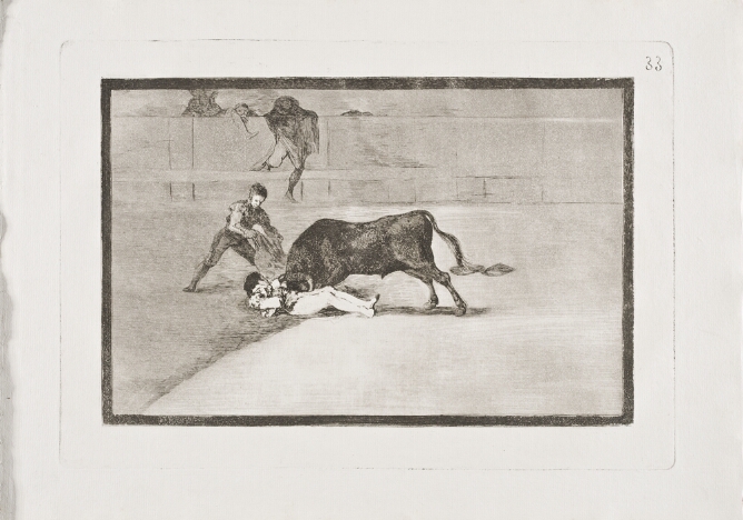 A black and white print of a bull goring a man lying on the ground of an arena, while a standing figure holds a cape beside them. Other figures climb into the arena
