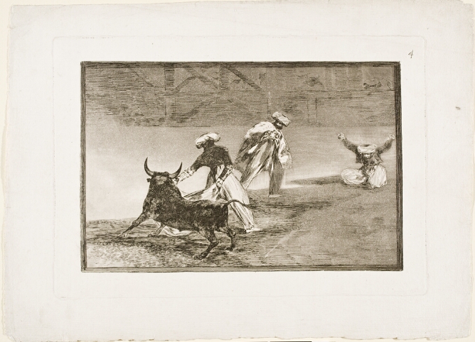 A black and white print of a standing man holding a cape in front of a bull in an arena, with two other men behind them