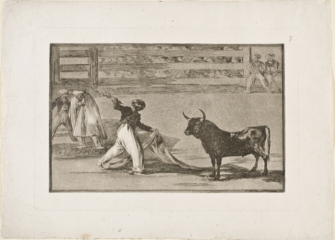 A black and white print of a standing man holding a cape and pointing a harpoon towards a bull, with two figures standing behind him