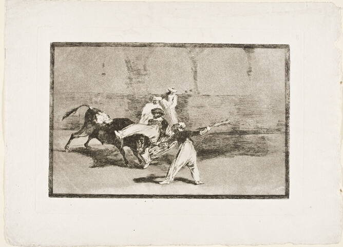 A black and white print of a man caught on a bull's horns in an arena, as it charges towards a standing man pointing a harpoon at it