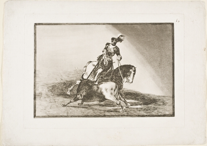 A black and white print of a man on horseback spearing a bull