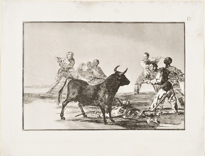 A black and white print of figures with spears standing around a bull, with lifeless bodies on the ground