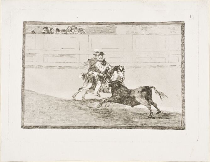 A black and white print of a man on horseback in an arena, holding a short spear and aiming it at a bull, while a crowd watches to the viewer's left