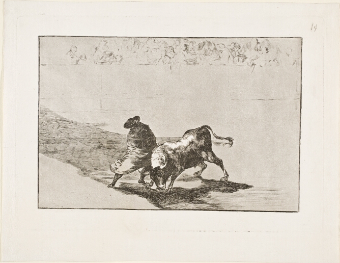 A black and white print of a man wrapped in a cloak standing next to a bull in an arena, with a faint crowd in the background