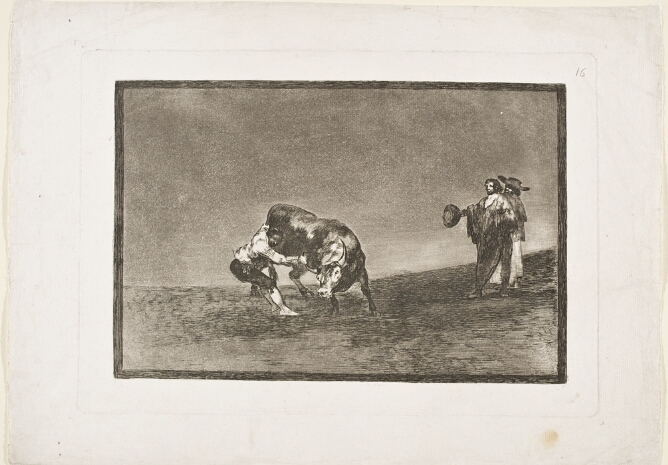A black and white print of a man standing to the side of a bull, pulling its tail and horn, while two standing figures watch