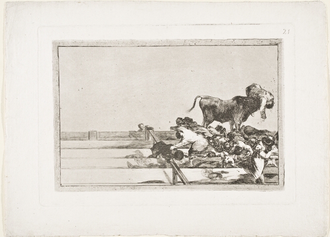 A black and white print of a standing bull goring a figure amidst a pile of bodies lying on steps around it