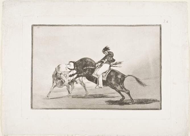 A black and white print of a man riding a bull into another bull