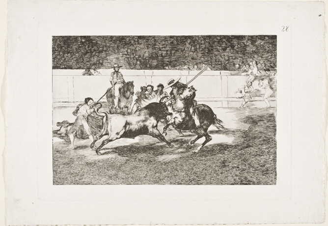 A black and white print of a man on horseback spearing a bull between the horns, in an arena, with a faint crowd in the background