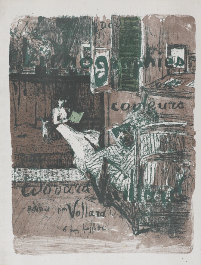 A color print of two sitting women reading in a room. Superimposed handwritten text reads Douze Lithographies en couleurs, Edouard Vuillard, editees par Vollard, 6 rue Laffitte