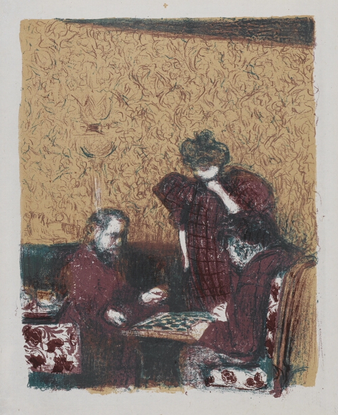 A color print of two men sitting at a table playing checkers in an interior space with a patterned wall, while a standing woman watches