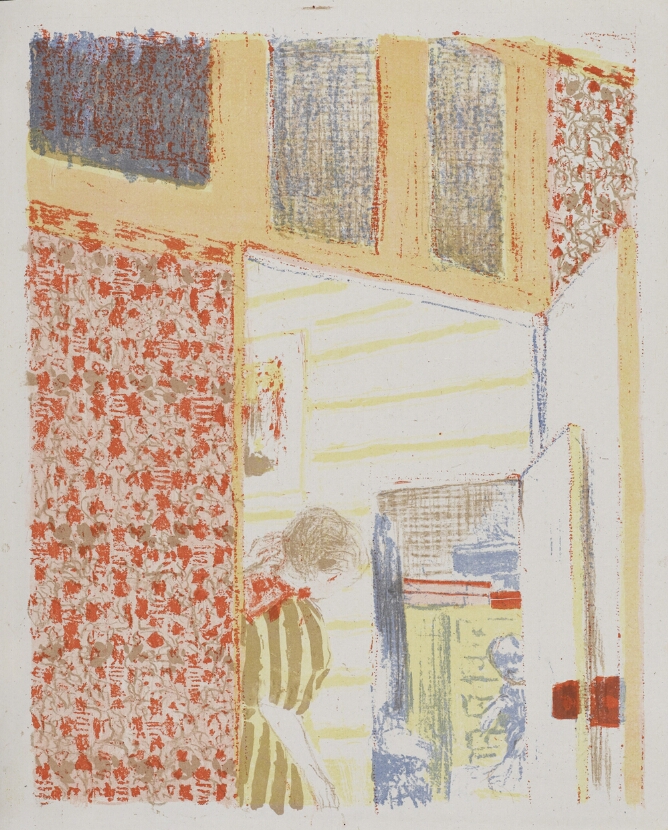 A color print of a partial view of a room with vibrantly patterned wallpaper seen from a high vantage point. A standing woman is seen in an adjacent room through an open door
