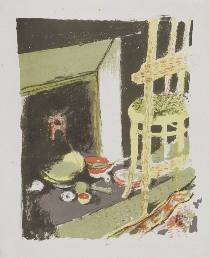A color print of a chair and assorted pots and bowls by a fireplace