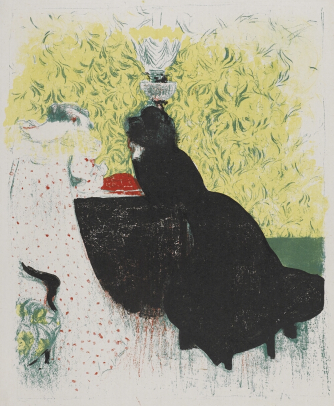 A color print of two woman seen from the back and hunched over an object. The woman to the viewer's right wears a black dress that boldly contrasts with the yellow and green patterned wall in front of them