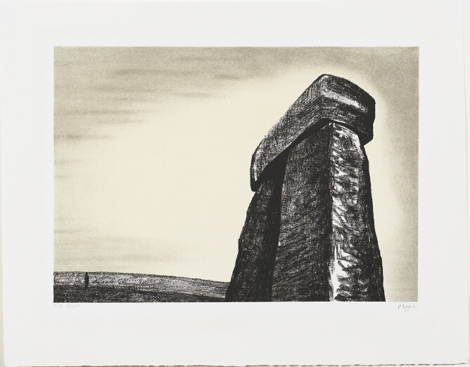 A color print of a horizontal stone balancing on top of two vertically positioned stones to the viewer's right against a vast sky, with a tiny standing figure to the left