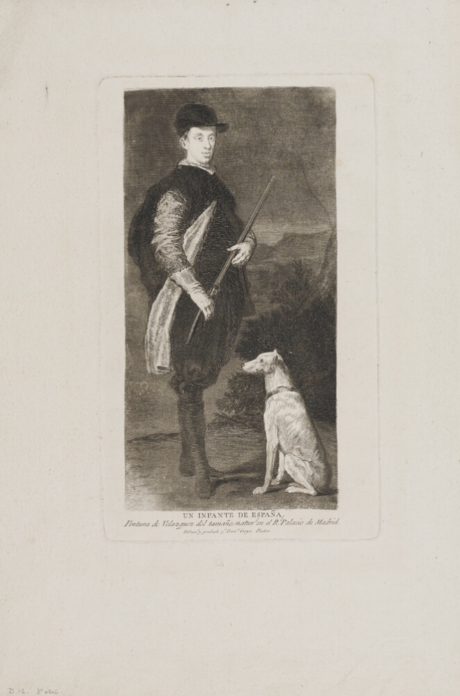 A black and white portrait of a standing man holding a gun next to a sitting dog in a landscape