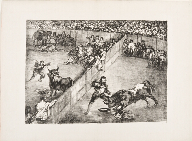 A black and white print of an arena divided by a fence, with a man taunting a bull on one side and another man weilding a sword at a bull on the other side, with crowds watching from inside and outside the arena