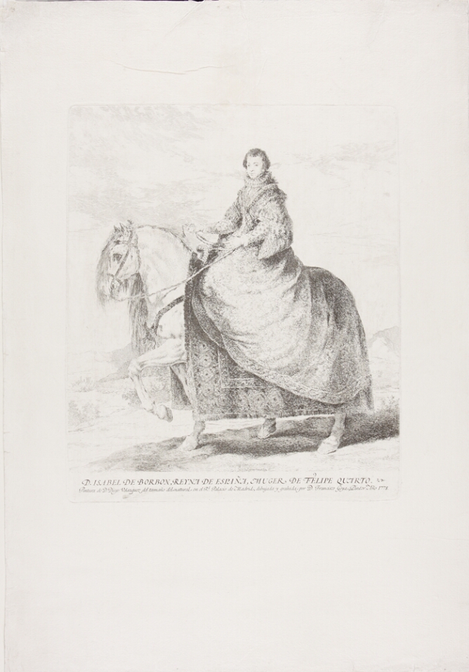 A black and white portrait of a woman on a horse, wearing a formal dress, set against a landscape