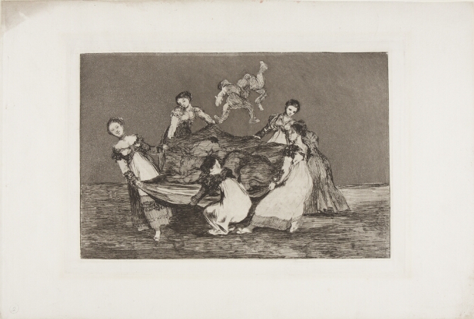 A black and white print of five woman standing in a circle, holding a sheet with a donkey lying in it, with two small figures suspended in the air