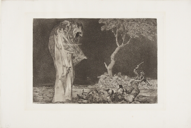 A black and white print of a giant figure covered in a cloak, towering over a group of terrified soldiers near a tree