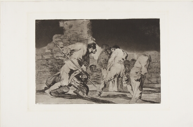 A black and white print of a standing man with bulging eyes holding a spear-like object, knocking down a figure and positioned to attack another figure standing before him by a ruinous wall