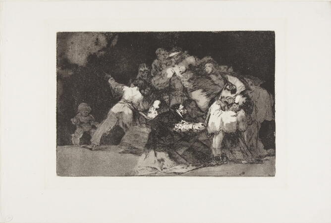 A black and white print of a heap of muddled figures in shadow. A grotesque figure extends their hands out to a standing figure holding cats