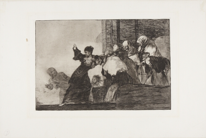 A black and white print of a two-headed standing woman simultaneously looking back at a figure while also approaching a group of elderly figures on steps