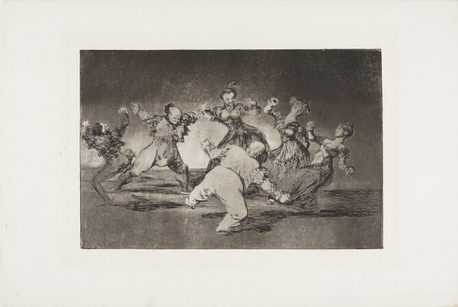 A black and white print of men and women dancing in a circle