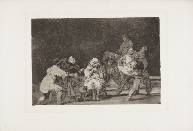 A black and white print of a group of grotesque figures surrounding a seated man with hands clasped and eyes closed. A crouching figure next to him points a syringe at him
