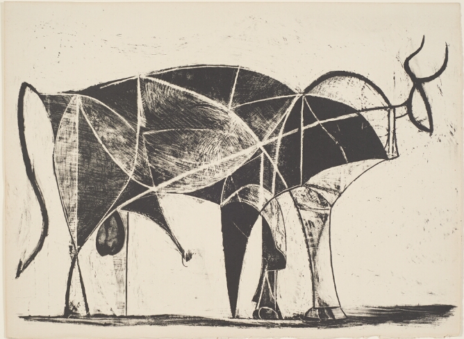 A black and white abstract print of a standing bull facing the viewer's right