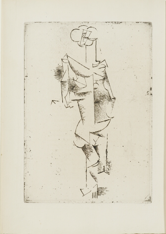 A black and white abstract print of a standing figure made of short, angular and curved lines with some shading