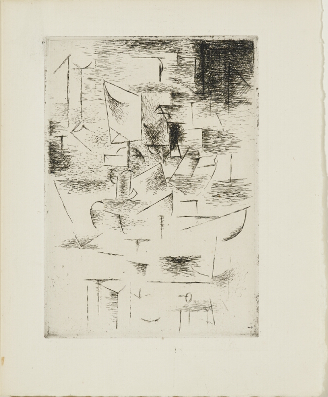 A black and white abstract print of short, angular and curved lines spread across a page, with some shading