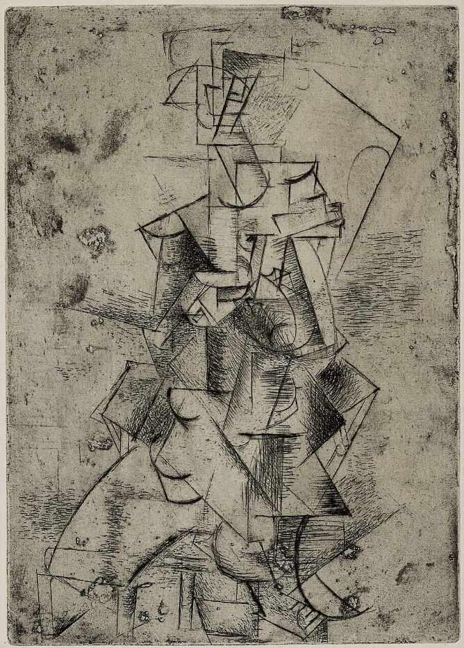 A black and white abstract print of connecting angular and curved lines that taper toward the top