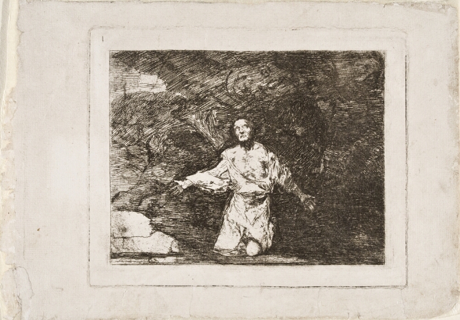 A black and white print of a man on his knees with his arms outstretched, looking upward and surrounded by darkness