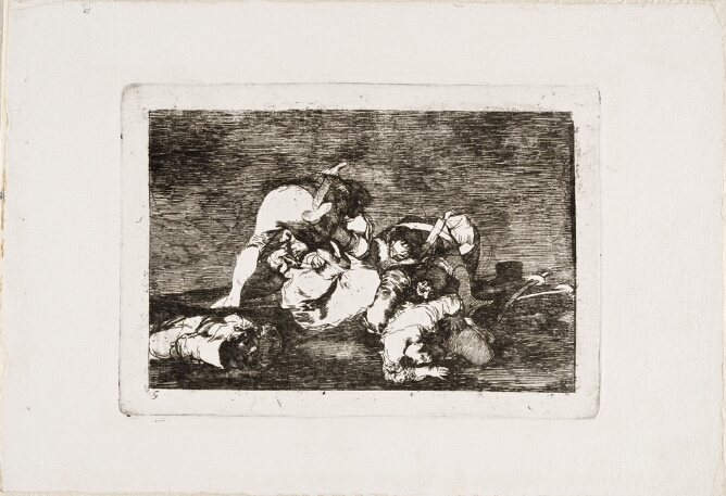 A black and white print of a cluster of figures in a tumble on the ground