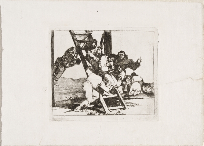 A black and white print of a man with bound hands being guided up a ladder by figures, while two hanging men swing behind them