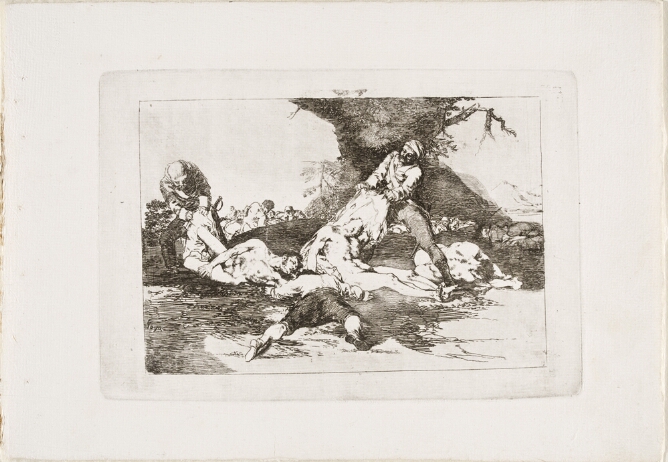 A black and white print of two soldiers removing clothes from lifeless bodies on the ground by a tree