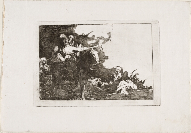 A black and white print of two soldiers on horseback engaged in discussion. One soldier points his sword towards a battle unfolding to the viewer's right