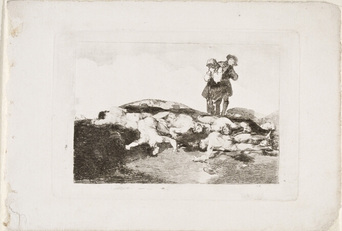 A black and white print of two standing figures, hands covering their noses, looking down at naked bodies strewn over a field