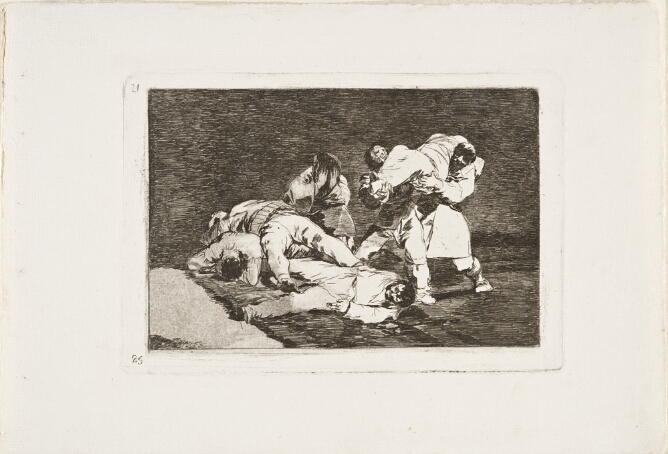 A black and white print of two figures carrying a lifeless body by a distressed figure covering their face with their hands and crouching next to lifeless figures lying on top of each other