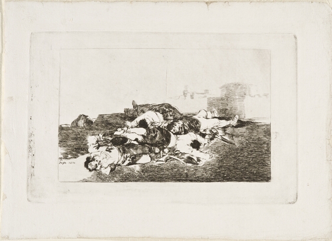 A black and white print of a heap of lifeless bodies