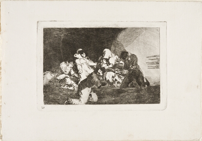 A black and white print of a group of desperate men, women and children kneeling in front of the tips of bayonets shown to the viewer's right